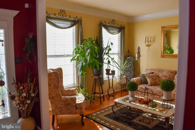 a dining room with furniture and a potted plant