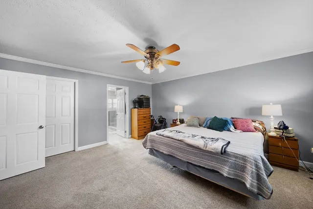 a bedroom with a bed and a chandelier