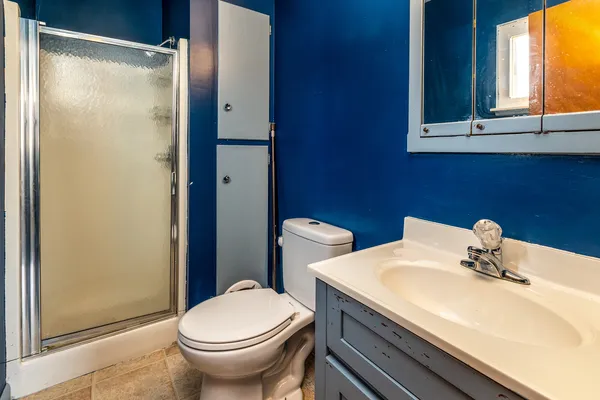 a bathroom with a sink a toilet and a mirror