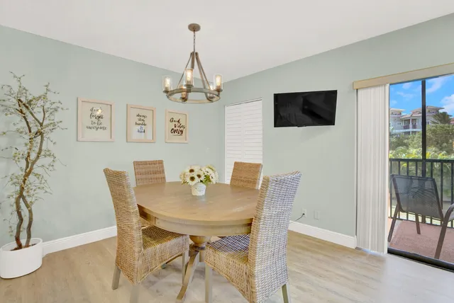 a view of a dining room with furniture wooden floor and chandelier