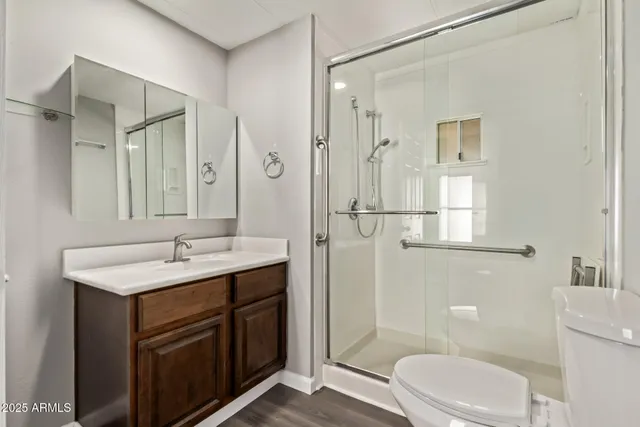 a bathroom with a toilet a sink a mirror a shower and vanity