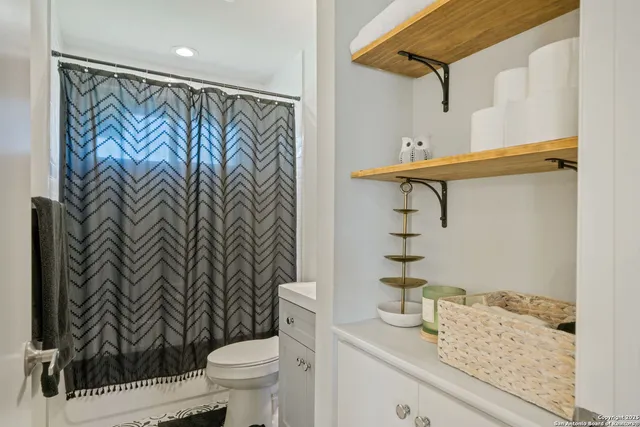 a bathroom with a shower curtain and a toilet