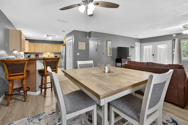 a view of a dining room with furniture