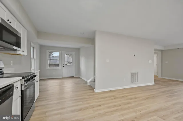 a view of a kitchen cabinets and wooden floor