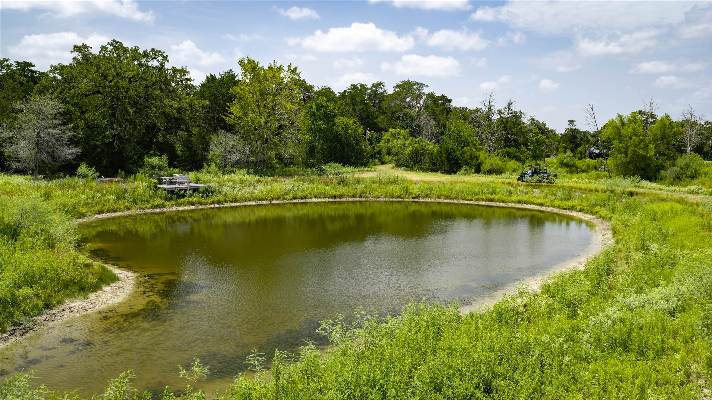 7221 West Old Lockhart Road Muldoon, TX 78949 - Photo 2 of 38 Mature trees frame a quiet pond surrounded by lush green foliage.