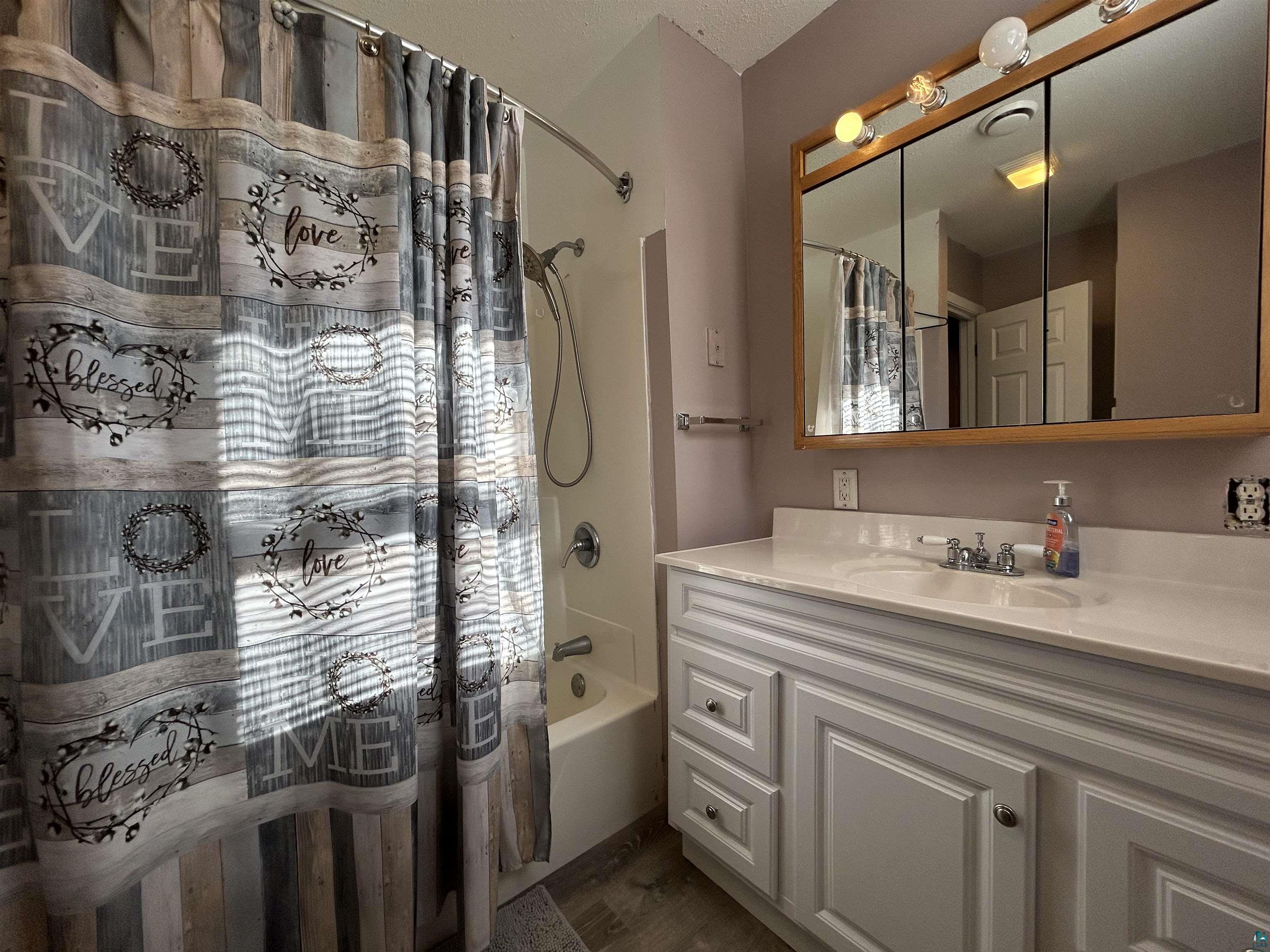 8655 South Lyman Lake Road South Range, WI 54874 - Photo 43 of 64 Bathroom featuring vanity, shower / bathtub combination with curtain, and dark wood-style flooring