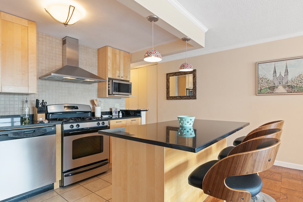 9 Hawthorne Place, Unit 9K Boston, MA 02114 - Photo 13 of 22 a kitchen with stainless steel appliances granite countertop a stove and a sink