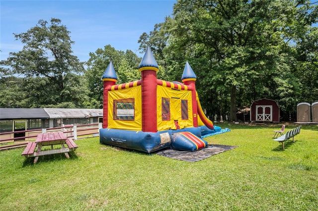 a garden view with a sitting space