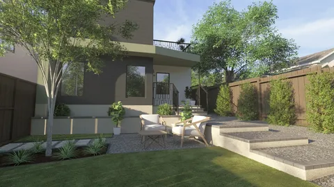 a view of a chair and table in backyard of the house