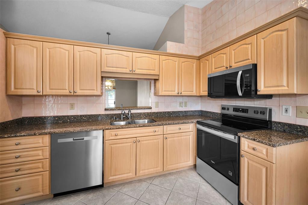1481 Cairn Court Palm Harbor, FL 34683 - Photo 19 of 40 a kitchen with granite countertop white cabinets sink and stainless steel appliances