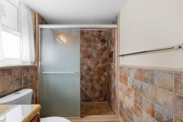 a bathroom with a shower and a toilet