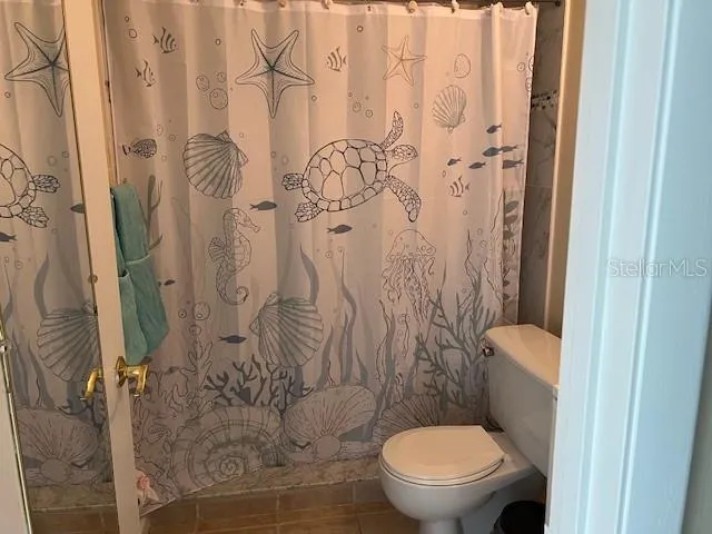 a white toilet sitting next to a shower curtain