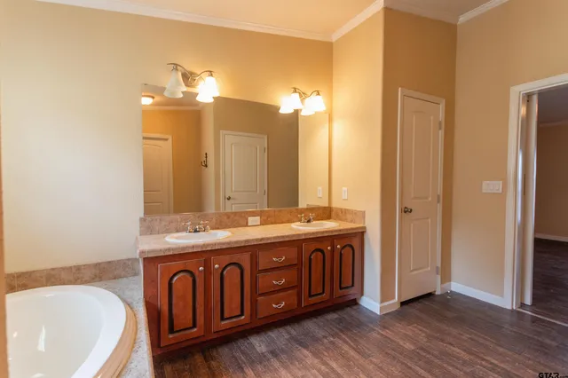 a bathroom with a sink double vanity granite tub and shower