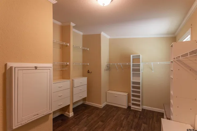 a view of walk in closet with wooden floor