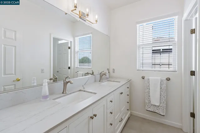 a bathroom with double vanity sink a mirror and a shower