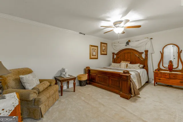 a view of yellow house with a yard and potted plants