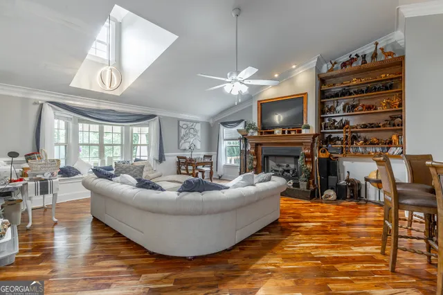 a view of a park with large trees