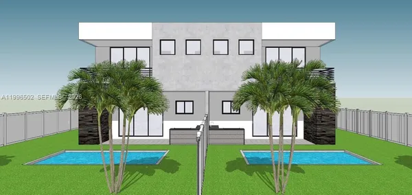 a house view with a garden space and swimming pool
