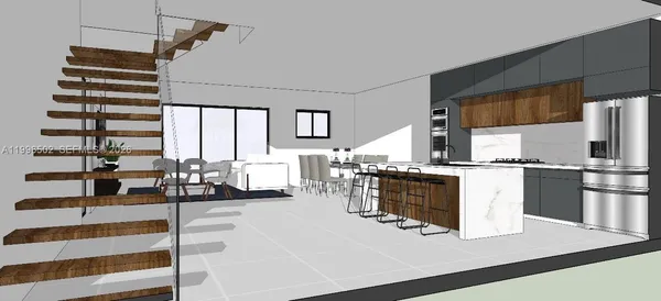 a kitchen with a refrigerator and countertop