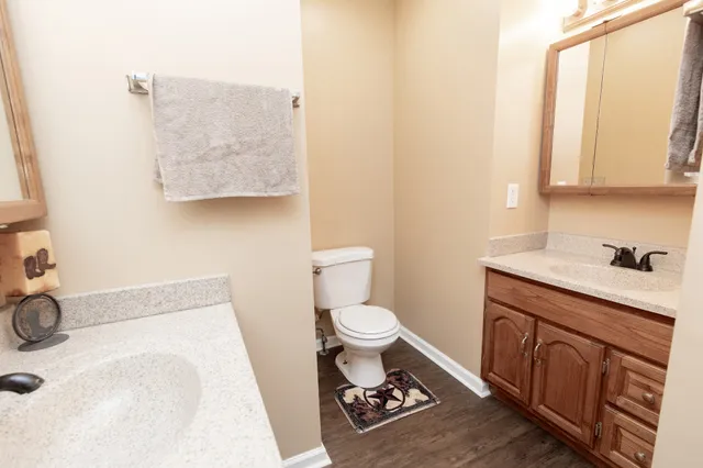 a bathroom with a sink a toilet and a mirror