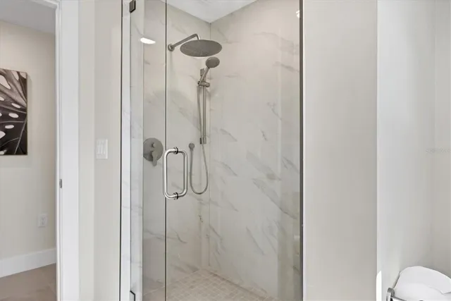 a bathroom with a shower and toilet