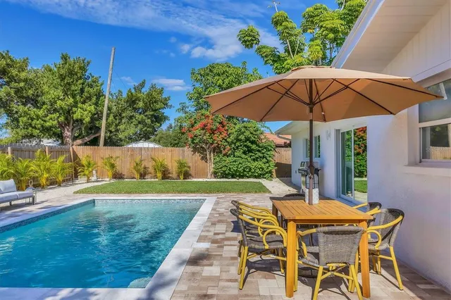 a view of a house with swimming pool and sitting area