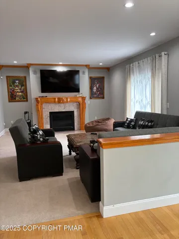 a living room with furniture and a fireplace