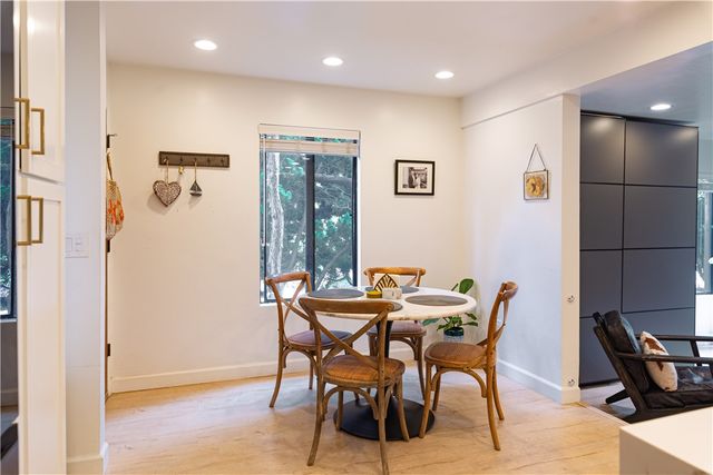 a view of a dining room with furniture