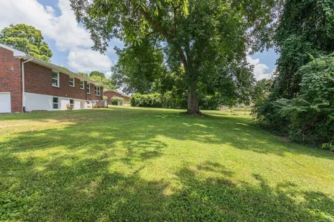 a backyard of a house with lots of green space and fountain