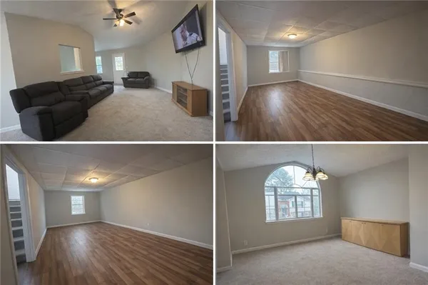 a view of kitchen and living room with wooden floor