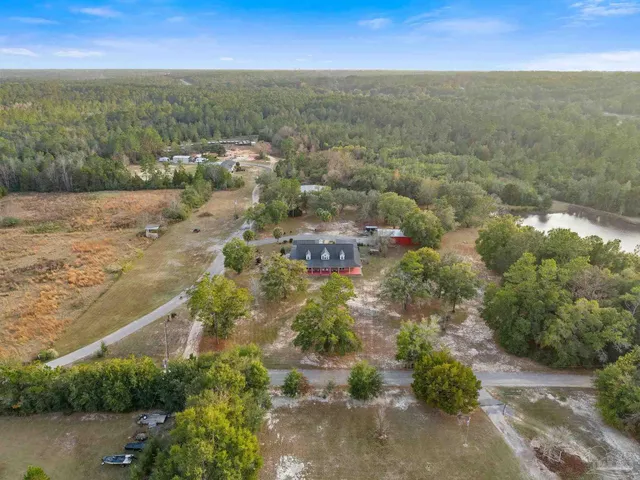 an aerial view of residential houses with outdoor space and trees