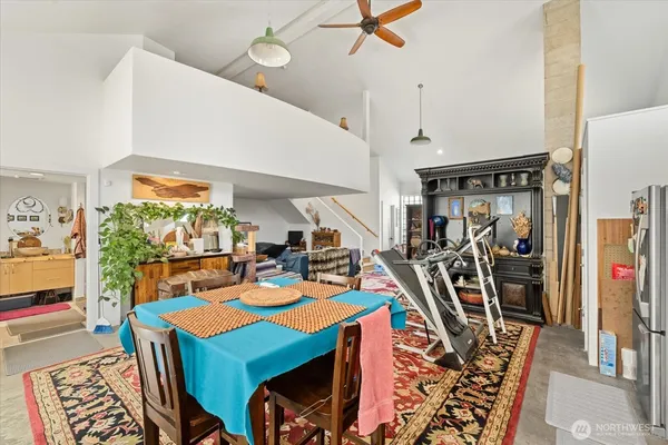 a view of a dining room with furniture