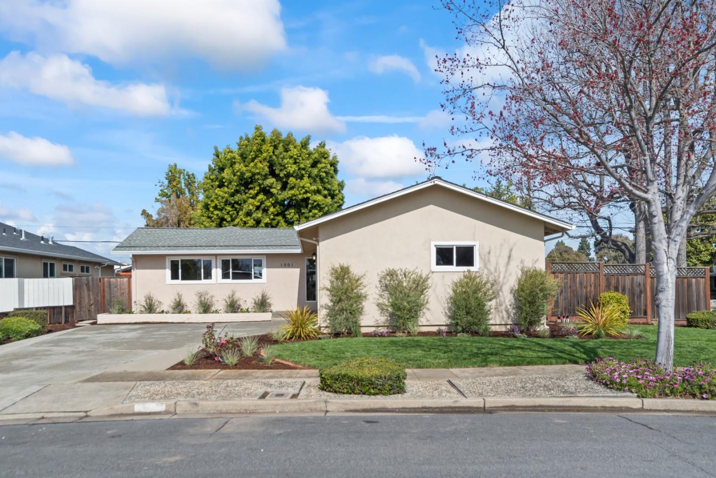 a view of a house with a yard and large trees