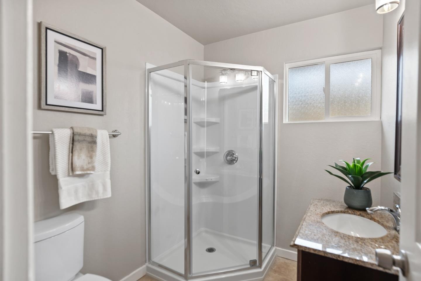 1001 Valley Forge Drive Sunnyvale, CA 94087 - Photo 19 of 24 a bathroom with a shower a mirror and a potted plant