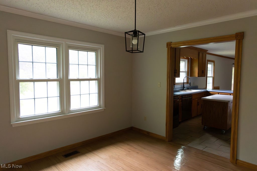 3333 Dayton Road Madison, OH 44057 - Photo 11 of 48 Unfurnished dining area featuring a sink, light wood-style flooring, baseboards, a textured ceiling, and crown molding