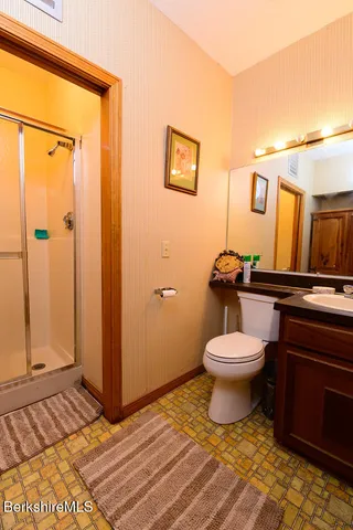 a bathroom with a toilet a sink and mirror