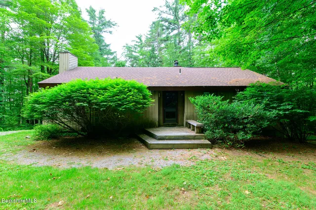 a view of a house with a yard plants and a lawn chairs