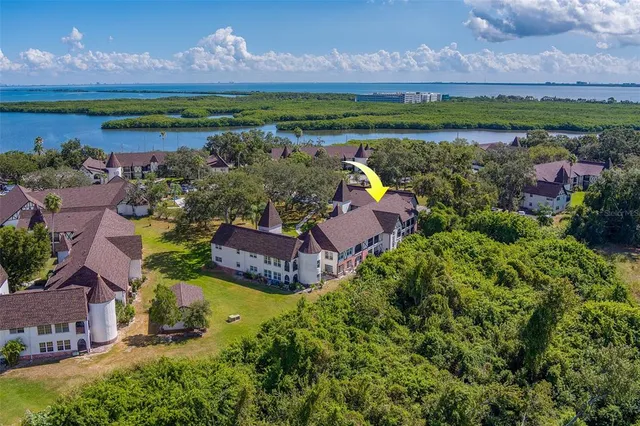 an aerial view of a house with a garden and lake view