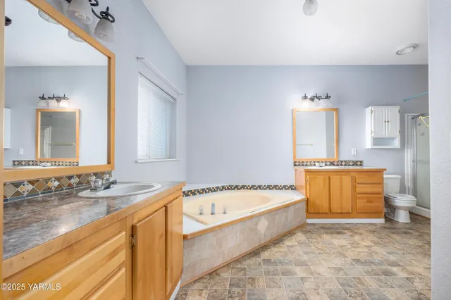 a bathroom with a tub a sink a mirror and a shower