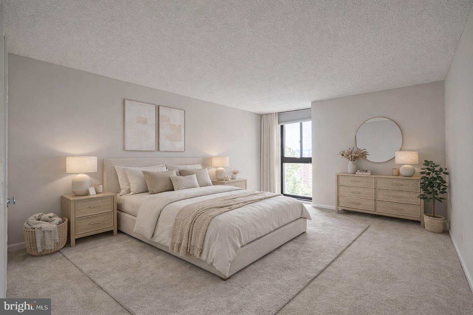 1101 South Arlington Ridge Road, Unit 704 Arlington, VA 22202 - Photo 42 of 70 a bedroom with a bed a mirror and a large window