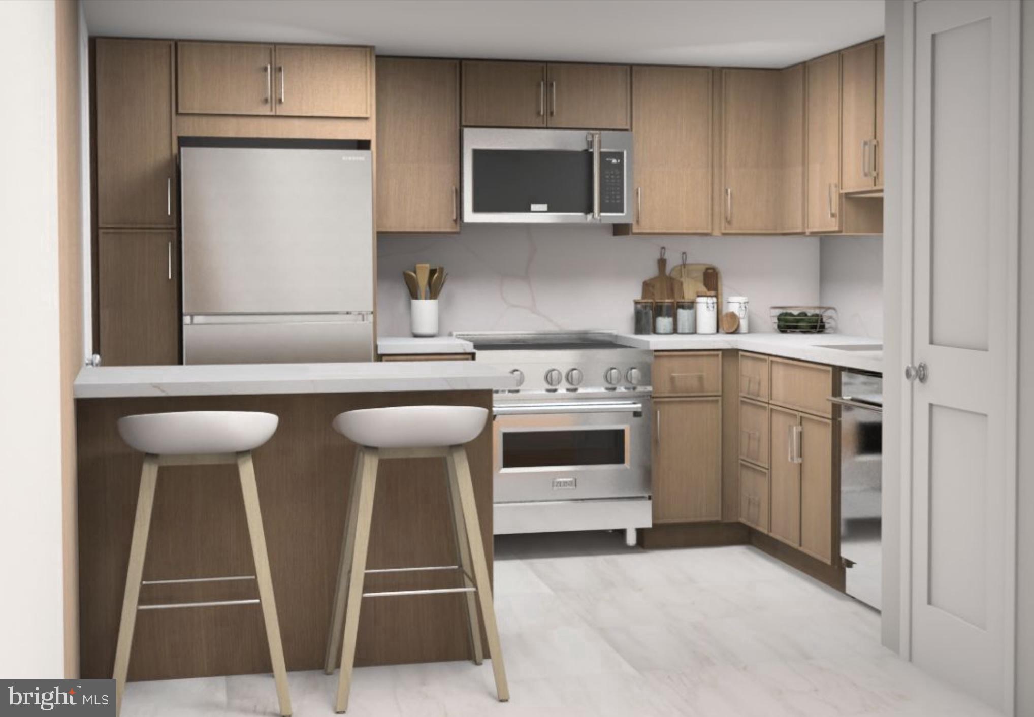 1101 South Arlington Ridge Road, Unit 704 Arlington, VA 22202 - Photo 65 of 70 a kitchen with stainless steel appliances a stove microwave and cabinets