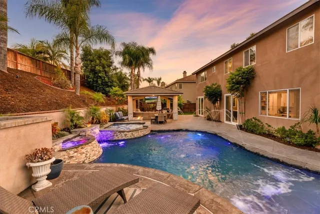 a view of a backyard with swimming pool