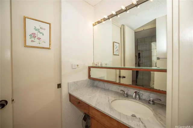 a bathroom with a granite countertop sink a mirror and a shower
