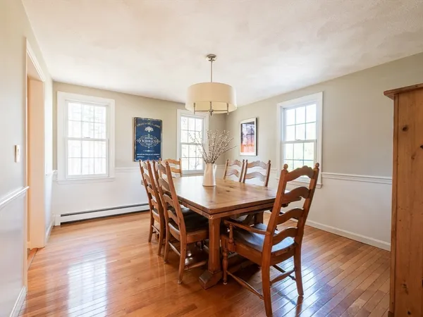 a view of a dining room with furniture window and wooden floor