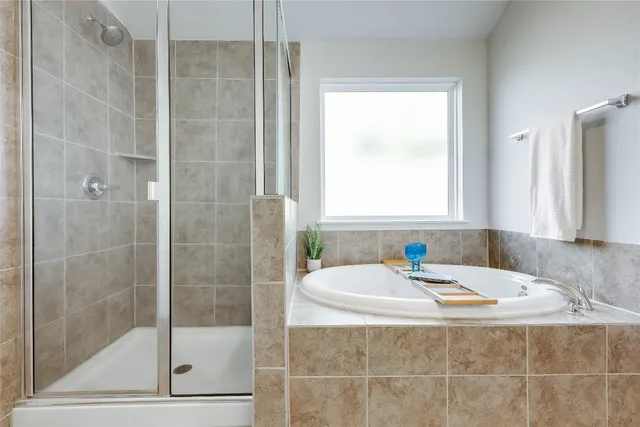 a bathroom with a bathtub and a shower