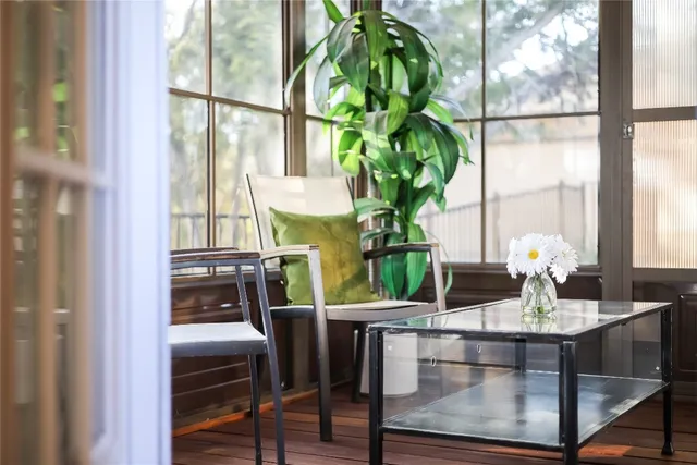a dining room with furniture a potted plant and a potted plant