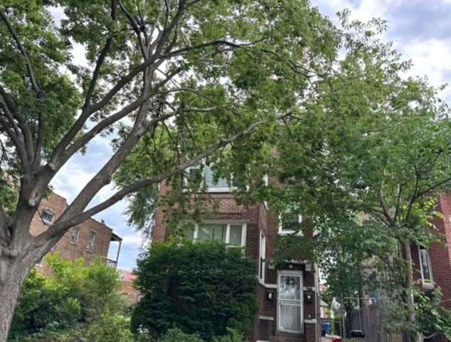 a front view of a house with a tree