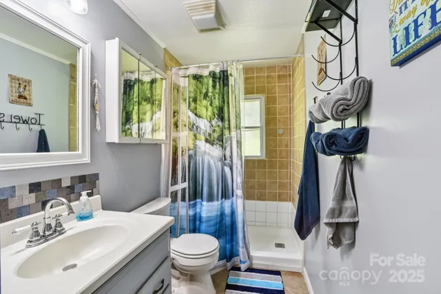 a bathroom with a sink a toilet and shower