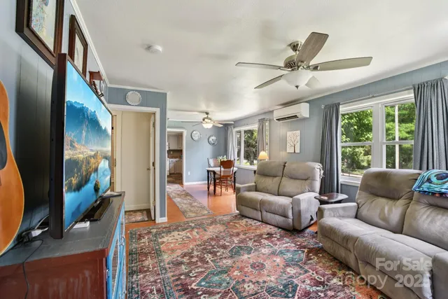 a living room with furniture ceiling fan and a rug