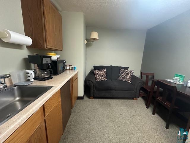 301 Chestnut Street Virginia, MN 55792 - Photo 14 of 31 Kitchen with brown cabinets, light colored carpet, light countertops, a textured ceiling, and black microwave